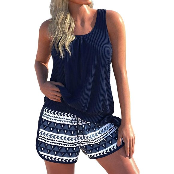 Modest Tankini Swimsuit Women Athletic Two Piece Bathing Suit Navy XL - Picture 1 of 5